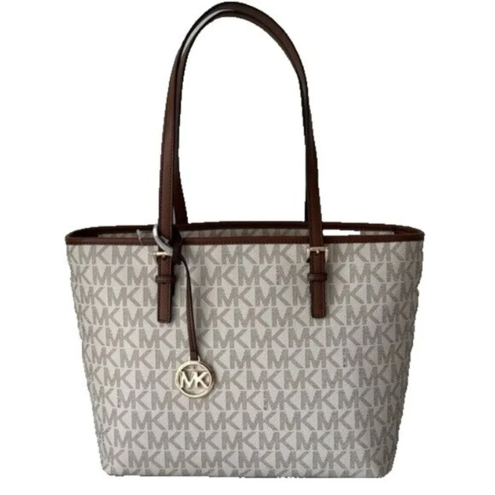 Michael Kors Jet Set Vanilla Luggage Tote Carry All Shoulder Handbag Logo Charm